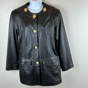 Braefair Leather Vintage 80s Leather Jacket Womens 10 Gold Buttons & Lions Heads